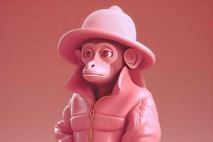 Pink monkey wears jacket. Generate Ai photo