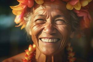 Hawaii smiling woman. Generate Ai photo