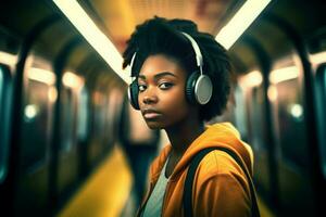 Girl music metro subway. Generate Ai photo