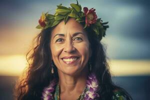 Hawaii smiling old woman. Generate Ai photo