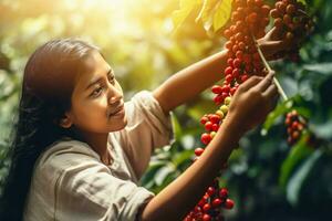 brasileño mujer cosecha café a puesta de sol. generar ai foto