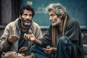 Vagabundo personas comiendo a calle. generar ai foto