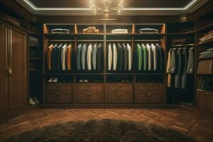 Luxury male wardrobe interior. Generate Ai photo