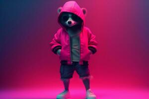 Fashion dressed pink raccoon. Generate Ai photo