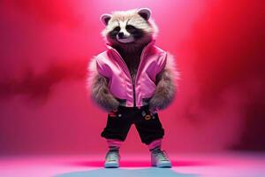 Fashion pink raccoon party. Generate Ai photo