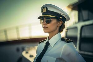 Female yacht captain in sunglasses. Generate Ai photo