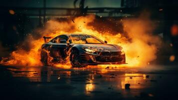 Car on Fire Accident, Burning Car Background, Car Insurance Concept. Generative Ai photo
