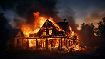 House on Fire Accident, Burning Car Background, Home Insurance Concept. Generative Ai photo