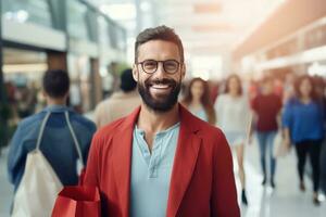 retrato de contento masculino va a compras en moderno ropa almacenar, hermoso hombre caminando en compras centro comercial rodeado por borroso gente. foto