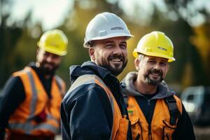 retrato de alegre trabajadores vistiendo la seguridad uniforme, construcción Ingenieria trabajos en edificio construcción sitio, observa y comprobación el proyecto. foto