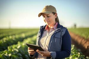 Portrait of Female Farmer Using Tablet in the Farm, Observes and Check Growth Plants, Agriculture Smart Farming Concept photo