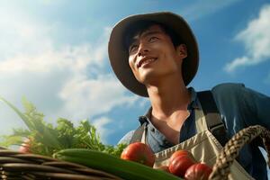 Asian Male Farmer with Basket of Fresh Vegetables, Presenting Organic Vegetables, Healthy Food photo