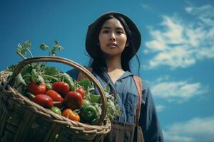 Asian Female Farmer with Basket of Fresh Vegetables, Presenting Organic Vegetables, Healthy Food photo