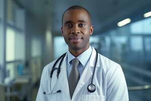 retrato de un africano médico con estetoscopio en el hospital, experimentado mayor médico médico sonriente y mirando a cámara. foto