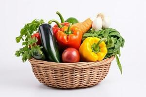 Assorted Organic Vegetables in Basket isolated on White Background. Generative Ai photo