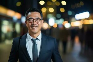 Portrait of Happy Businessman Walking on Street at Night, Handsome Asian Manager in Modern City Surrounded By Blurred People photo