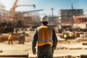 construcción trabajador vistiendo la seguridad uniforme, Ingenieria trabajos en edificio construcción sitio, civil ingeniero observa y comprobación el proyecto foto