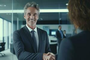 Business Partners Shaking Hands, Agreed on a Business Opportunity, Corporate Businesspeople Meet in Modern Office photo