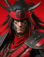 rojo y negro samurai shogun con casco, y vistiendo un máscara ilustración foto