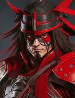 rojo y negro samurai shogun con casco, y vistiendo un máscara ilustración foto
