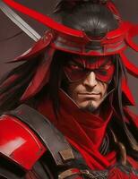 rojo y negro samurai shogun con casco, y vistiendo un máscara ilustración foto