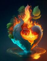 corazón con elementos de fuego, agua, tierra y naturaleza ilustración foto