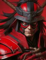 red and black samurai shogun with helmet, and wearing a mask illustration photo