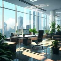 Modern Office room desk interior design illustration generated by AI photo