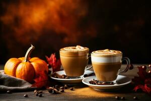 Spiced pumpkin latte with cinnamon still life background with empty space for text photo