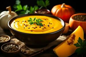 Gourmet pumpkin soup in rustic bowl background with empty space for text photo