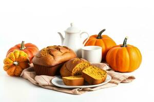 Delicious pumpkin bread and muffins on cozy home setting isolated on a white background photo