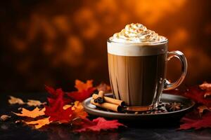 Cinnamon spiced pumpkin latte with fall foliage isolated on a gradient background photo