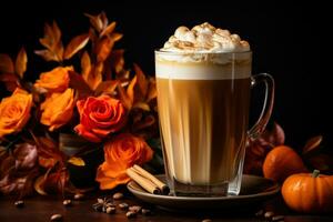 Cinnamon spiced pumpkin latte with fall foliage isolated on a gradient background photo