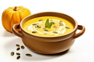 Gourmet pumpkin soup in rustic bowl isolated on a white background photo