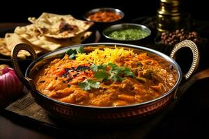 Sumptuous pumpkin curry with Indian accompaniments isolated on a gradient spice coloured background photo