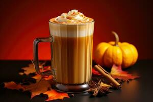 Cinnamon spiced pumpkin latte with fall foliage isolated on a gradient background photo