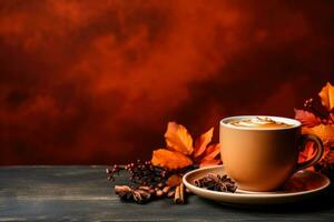 Spiced pumpkin latte with cinnamon still life background with empty space for text photo