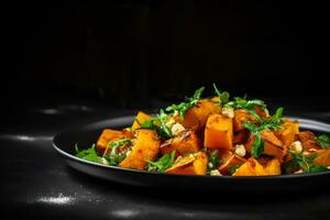 Seasonal roasted pumpkin salad background with empty space for text photo