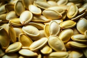 Macro shot of raw pumpkin seeds background with empty space for text photo