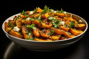 Vibrant roasted pumpkin salad isolated on a warm gradient background photo