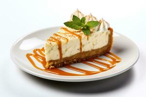 Stylized pumpkin cheesecake slice on a modern plate isolated on a white background photo