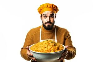 Italian chef stirring pumpkin risotto in traditional kitchen isolated on a white background photo