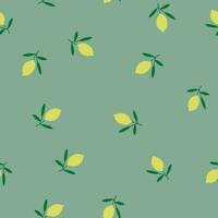 Vector seamless pattern with lemons on olive green background. Juicy fruits pattern.