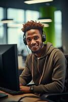 Portrait of a Handsome African Man, Customer Service Operator, Call Center Worker Talking Through Headset with Customer in Modern Office. photo