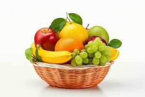 Fresh Fruits in Basket isolated on White Background, Healthy fruits Rich in Vitamins. Generative Ai photo