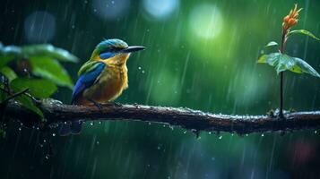 Epic Photography Shot of Bird on Rainy Day. Lively Rainy Season Concept. Generative Ai photo