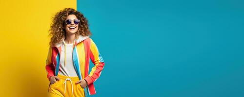 Portrait of Cheerful Woman Banner with Empty Copy Space, Happy Sporty Male Smiling on Studio, Winner Gesture Celebrating. photo