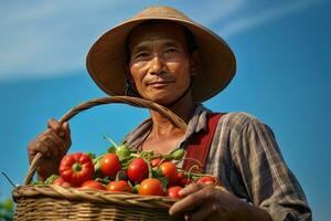 Asian Male Farmer with Basket of Fresh Vegetables, Presenting Organic Vegetables, Healthy Food photo