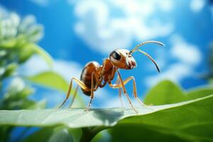 Close up Shot of Ant Finding Food on Leaf Cloudy Blue Sky Background. Generative Ai photo