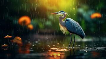 Epic Photography Shot of Bird on Rainy Day. Lively Rainy Season Concept. Generative Ai photo